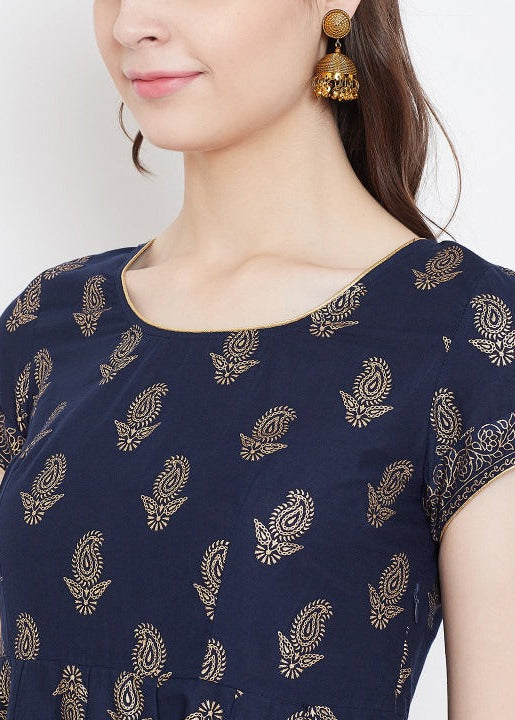 Elegant Navy Blue Printed Anarkali Dress for Women