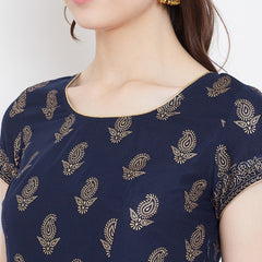 Elegant Navy Blue Printed Anarkali Dress for Women