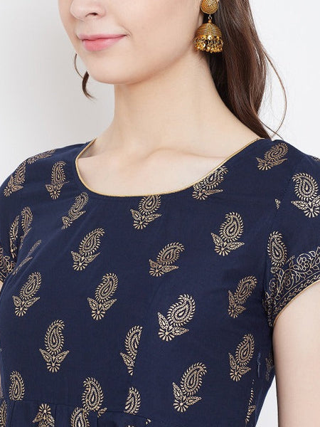 Elegant Navy Blue Printed Anarkali Dress for Women