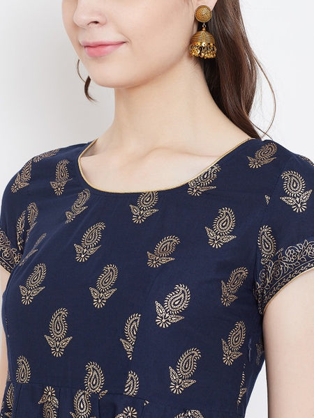 Elegant Navy Blue Printed Anarkali Dress for Women
