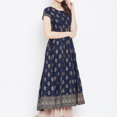 Elegant Navy Blue Printed Anarkali Dress for Women