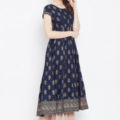 Elegant Navy Blue Printed Anarkali Dress for Women