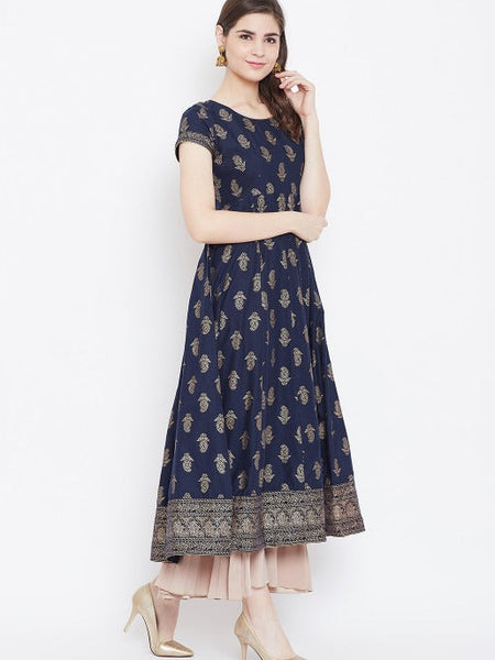 Elegant Navy Blue Printed Anarkali Dress for Women