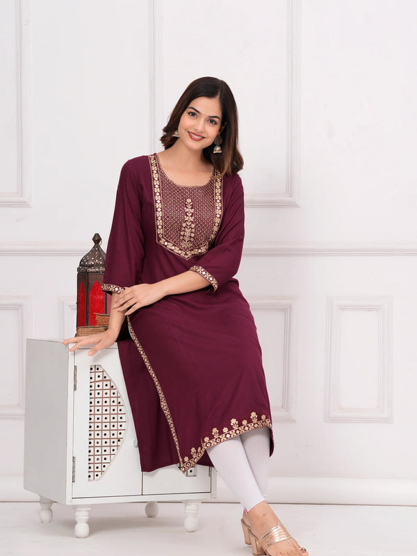 Women’s Embroidered 3/4 Sleeve Ethnic Wear Straight Kurta