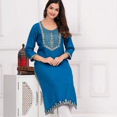 Women’s Teal Embroidered 3/4 Sleeve Ethnic Wear Straight Kurta