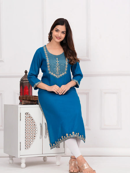 Women’s Teal Embroidered 3/4 Sleeve Ethnic Wear Straight Kurta