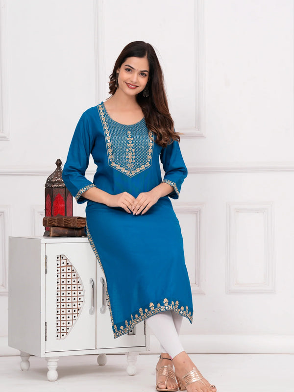 Women’s Teal Embroidered 3/4 Sleeve Ethnic Wear Straight Kurta