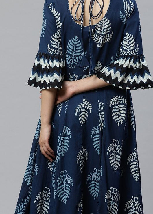Elegant Navy Blue Printed Anarkali Maxi Dress with Flared Silhouette & Bell Sleeves