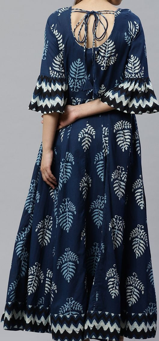 Navy Blue Printed Anarkali Dress for Women | Flared Ethnic Maxi Dress with Bell Sleeves