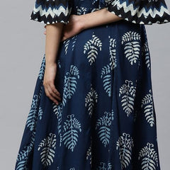 Navy Blue Printed Anarkali Dress for Women | Flared Ethnic Maxi Dress with Bell Sleeves