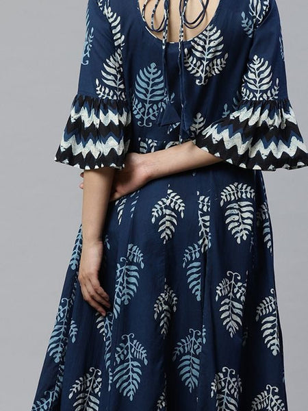 Elegant Navy Blue Printed Anarkali Maxi Dress with Flared Silhouette & Bell Sleeves