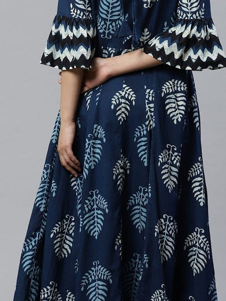 Navy Blue Printed Anarkali Dress for Women | Flared Ethnic Maxi Dress with Bell Sleeves