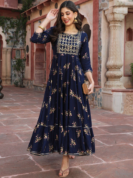 Women’s Ethnic Floral Printed with Embroidered Yoke Anarkali Kurta