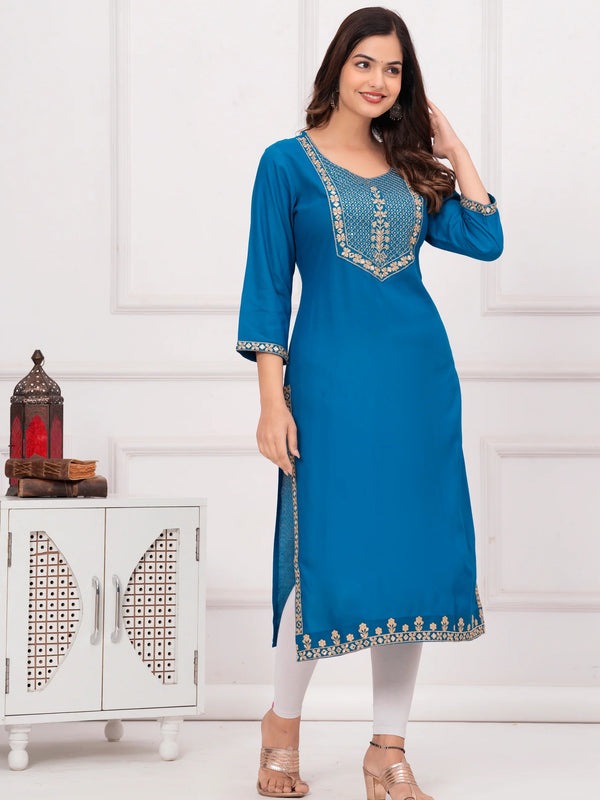 Women’s Teal Embroidered 3/4 Sleeve Ethnic Wear Straight Kurta