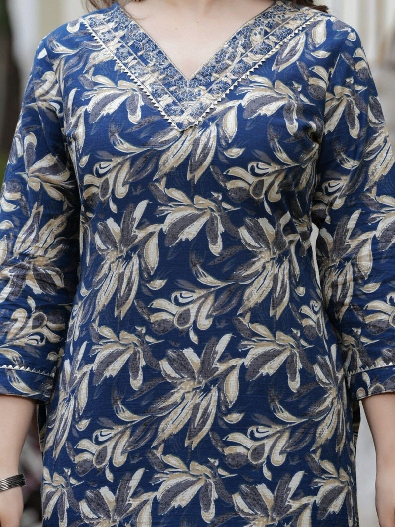 Women’s Blue Floral Print with V-Neck | Elegant Ethnic Wear  A-Line Kurta