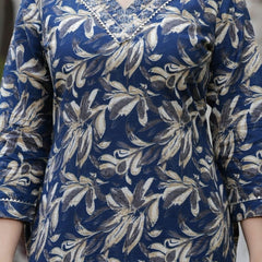 Women’s Blue Floral Print with V-Neck | Elegant Ethnic Wear  A-Line Kurta