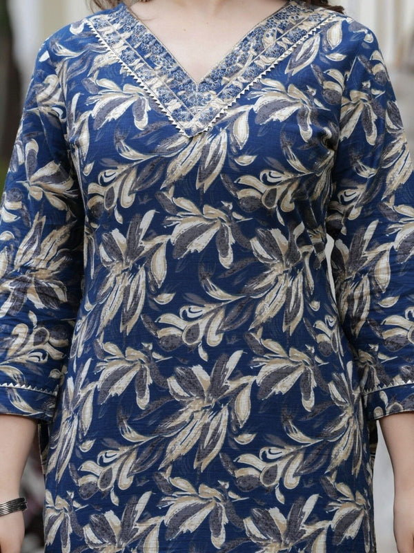 Blue Floral Print with V-Neck Kurta