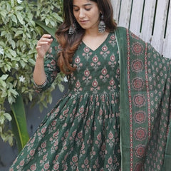 Elegant Green Anarkali Kurta Set with Dupatta & Gota Work Detailing Printed Anarkali Kurta Set
