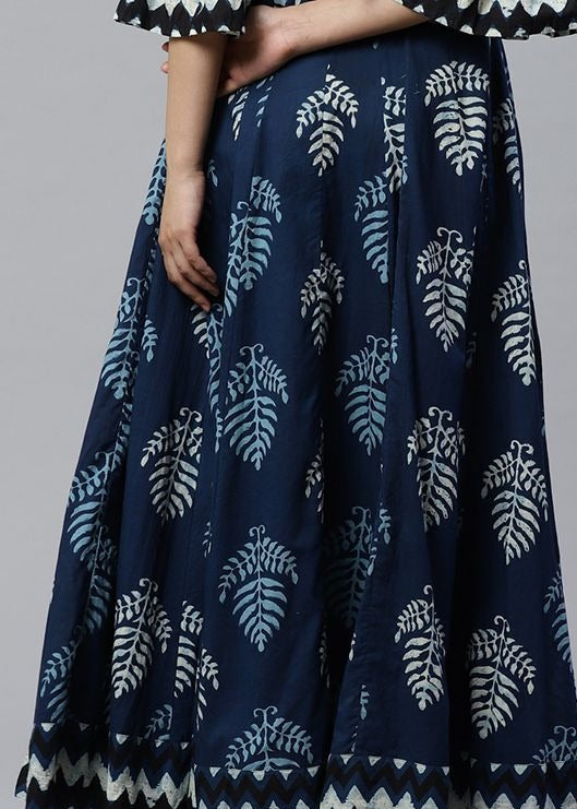 Elegant Navy Blue Printed Anarkali Maxi Dress with Flared Silhouette & Bell Sleeves