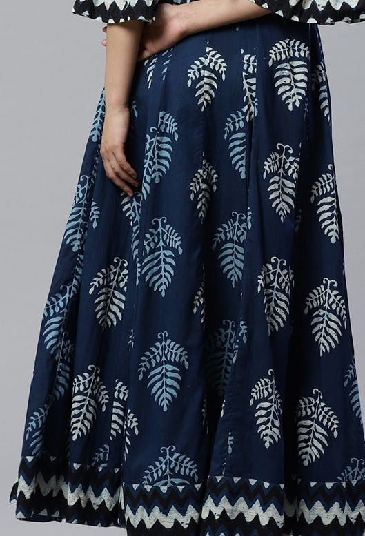 Navy Blue Printed Anarkali Dress for Women | Flared Ethnic Maxi Dress with Bell Sleeves