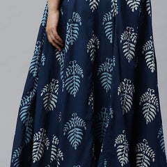 Navy Blue Printed Anarkali Dress for Women | Flared Ethnic Maxi Dress with Bell Sleeves