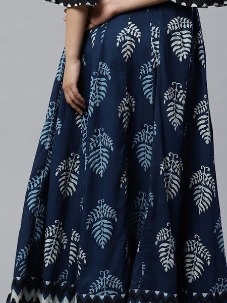 Elegant Navy Blue Printed Anarkali Maxi Dress with Flared Silhouette & Bell Sleeves