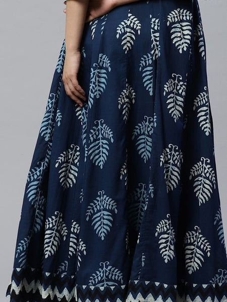 Navy Blue Printed Anarkali Dress for Women | Flared Ethnic Maxi Dress with Bell Sleeves