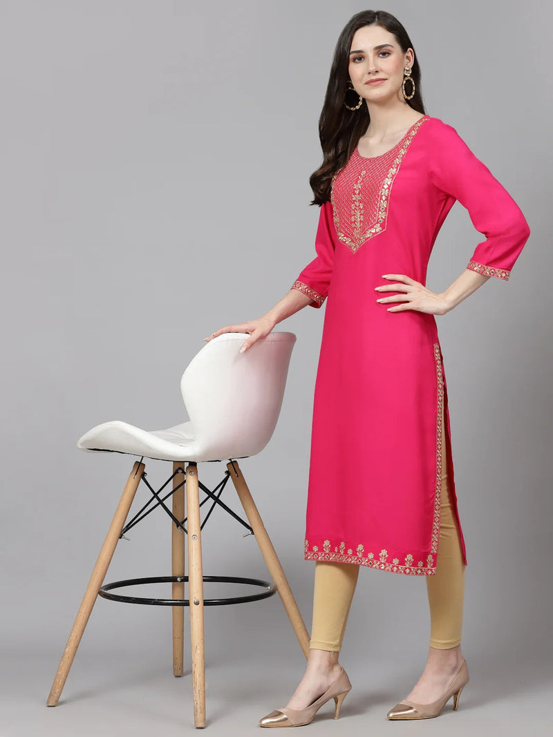 Women’s Pink Embroidered 3/4 Sleeve Ethnic Wear Straight Kurta