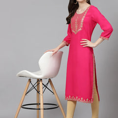 Women’s Pink Embroidered 3/4 Sleeve Ethnic Wear Straight Kurta