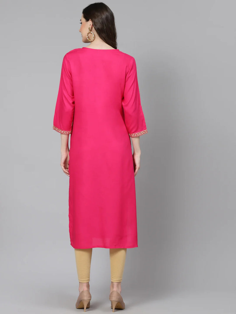 Women’s Pink Embroidered 3/4 Sleeve Ethnic Wear Straight Kurta