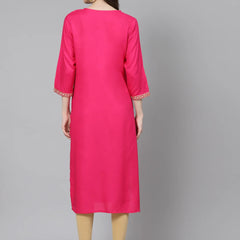 Women’s Pink Embroidered 3/4 Sleeve Ethnic Wear Straight Kurta