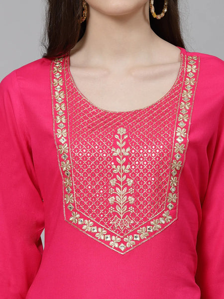 Women’s Pink Embroidered 3/4 Sleeve Ethnic Wear Straight Kurta