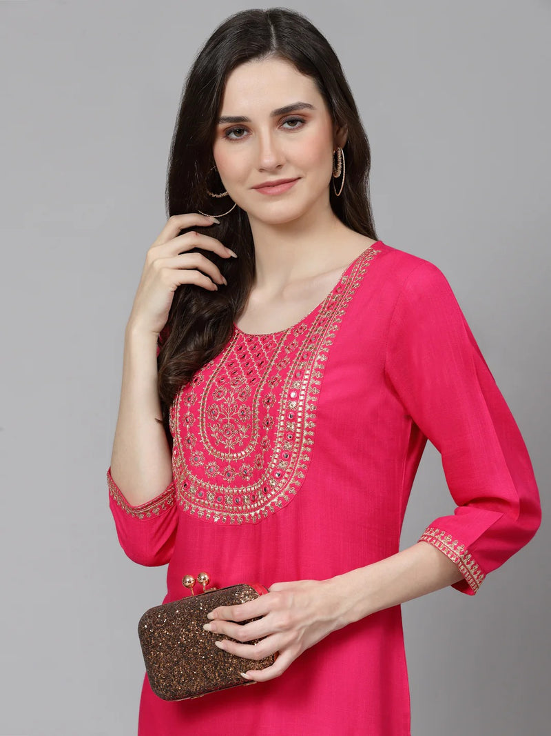 Women’s Pink Embroidered 3/4 Sleeve Ethnic Wear Straight Kurta