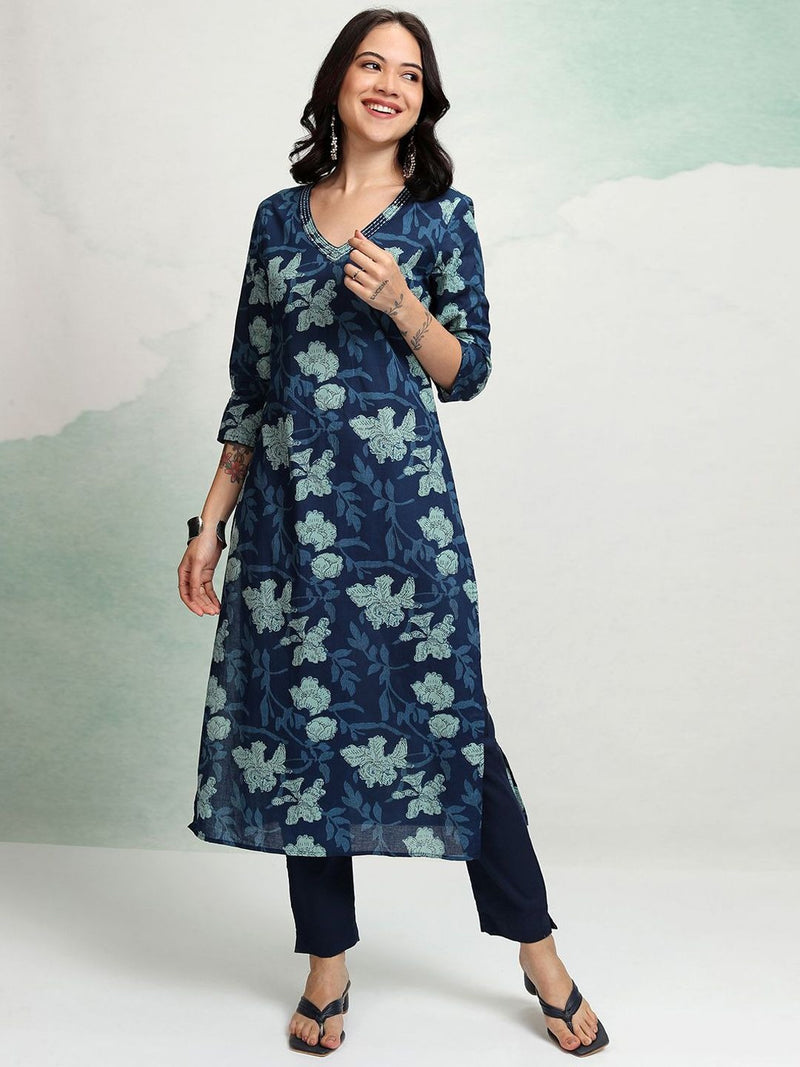 Blue Floral Printed Straight Kurta for Women | Ethnic Kurta