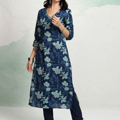 Blue Floral Printed Straight Kurta for Women | Ethnic Kurta