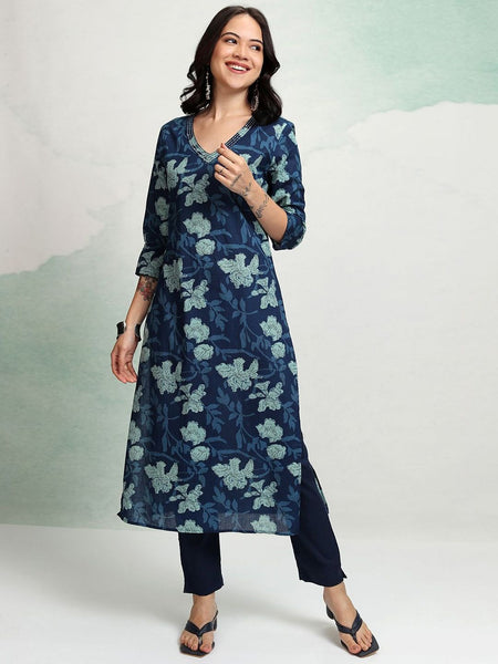 Blue Floral Printed Straight Kurta for Women | Ethnic Kurta