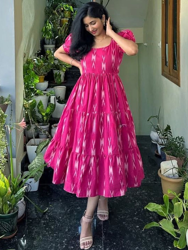 Women’s Pink Ikat Printed Anarkali Style Long Flared Kurta