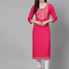 Women’s Pink Embroidered 3/4 Sleeve Ethnic Wear Straight Kurta