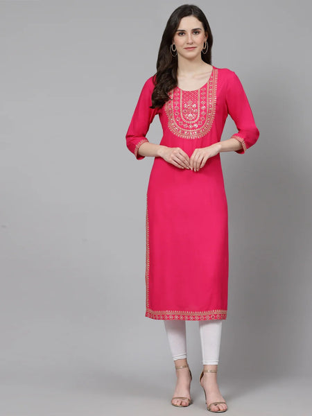 Women’s Pink Embroidered 3/4 Sleeve Ethnic Wear Straight Kurta