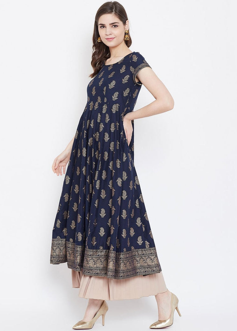 Elegant Navy Blue Printed Anarkali Dress for Women