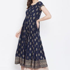 Elegant Navy Blue Printed Anarkali Dress for Women