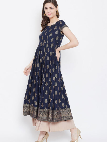 Elegant Navy Blue Printed Anarkali Dress for Women