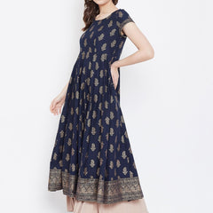 Elegant Navy Blue Printed Anarkali Dress for Women