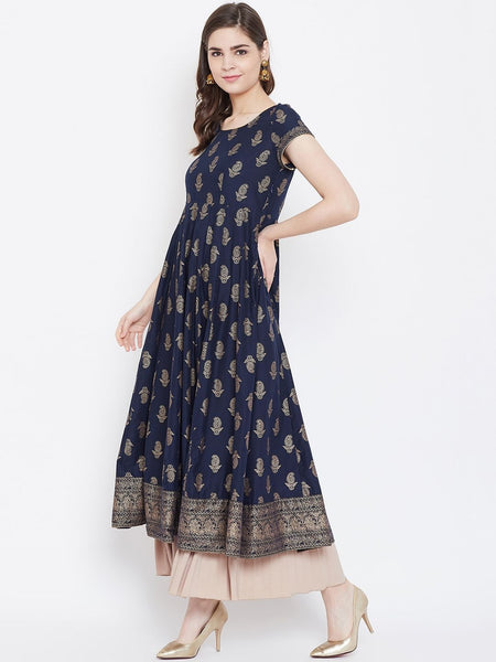 Elegant Navy Blue Printed Anarkali Dress for Women