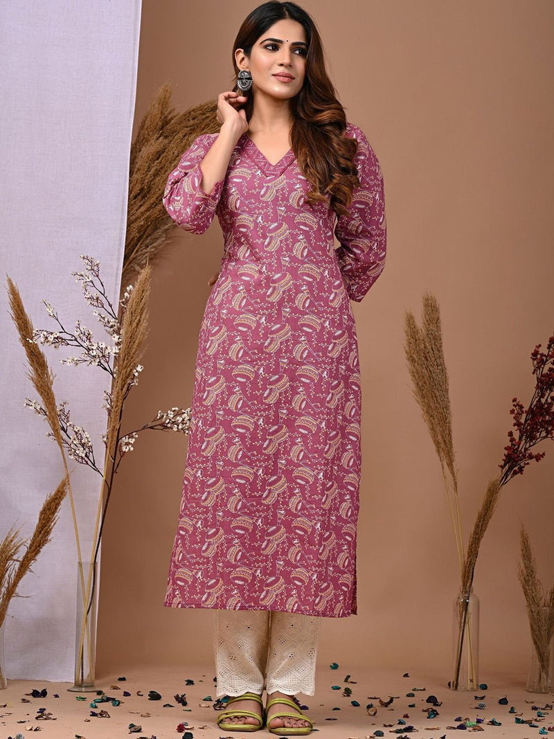 Pink Floral Printed Rayon Straight Kurta with V-Neck & 3/4th Sleeves