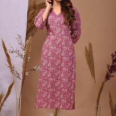 Pink Floral Printed Rayon Straight Kurta with V-Neck & 3/4th Sleeves