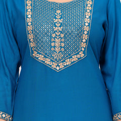 Women’s Teal Embroidered 3/4 Sleeve Ethnic Wear Straight Kurta
