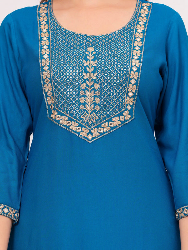 Women’s Teal Embroidered 3/4 Sleeve Ethnic Wear Straight Kurta