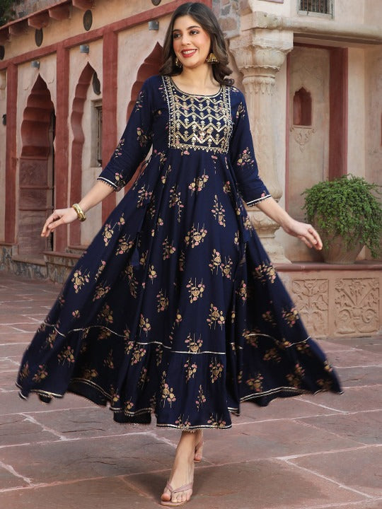 Women’s Ethnic Floral Printed with Embroidered Yoke Anarkali Kurta