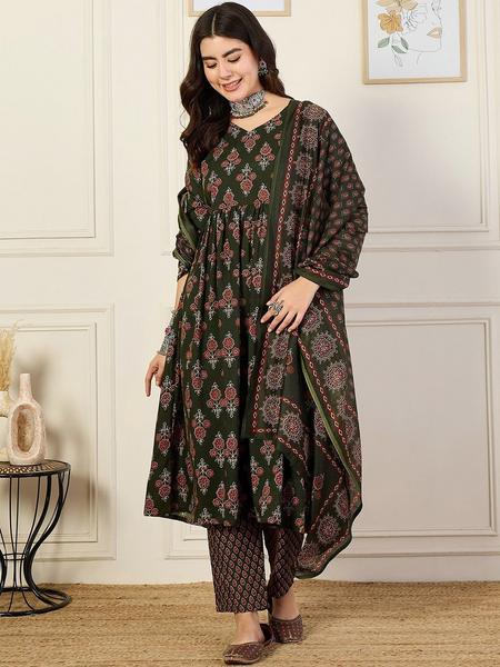 Women’s Green Anarkali Kurta Set with Dupatta